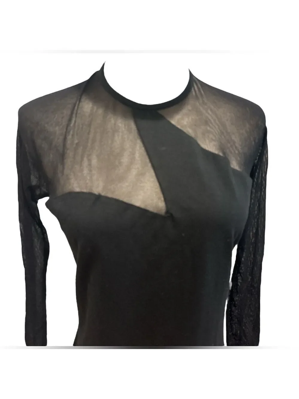 90s STYLEWORKS BLACK ILLUSION SLEEVES & CHEST ASYMMETRIC DETAIL MIDI DRESS SZ 12
